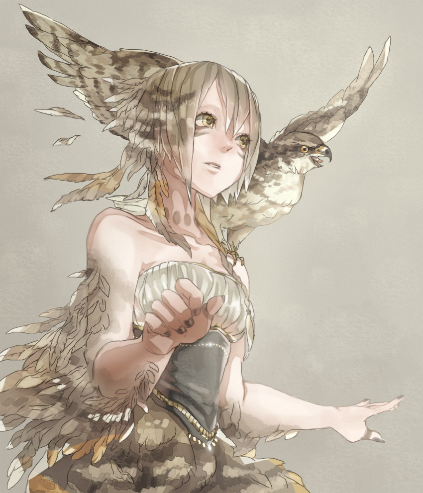 1girl, animal_on_shoulder, bare_shoulders, bird, bird_on_shoulder, braid, brown_hair, bustier