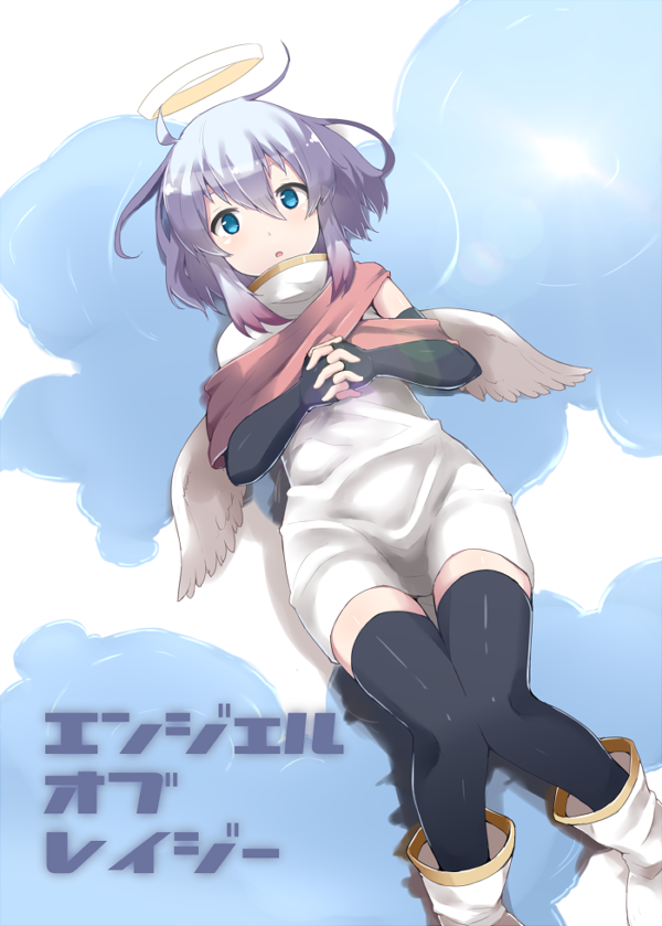 1girl, angel_wings, black_gloves, black_legwear, blue_eyes, blue_hair, elbow_gloves, fingerless_gloves