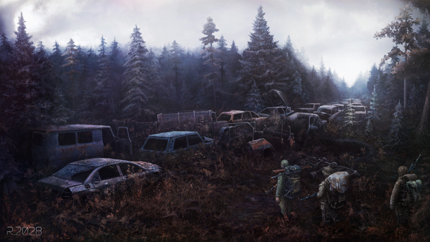 3boys, ak-74, akm, assault_rifle, camouflage, double-barreled_shotgun, forest, gun