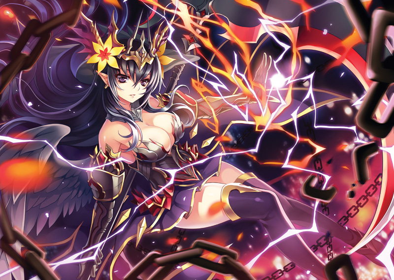 1girl, armor, bare_shoulders, black_hair, black_wings, blurry, breasts, broken