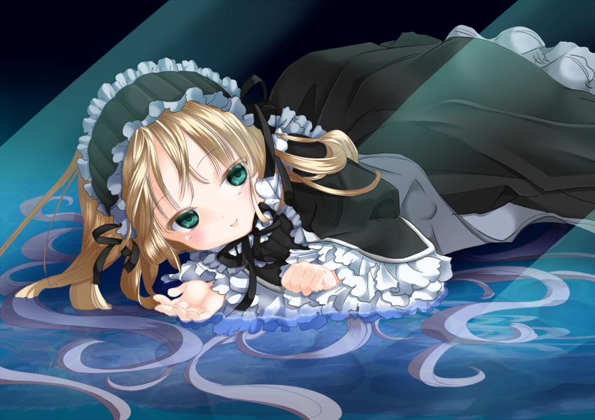 1girl, black_dress, blonde_hair, dress, frills, gosick, gothic_lolita, green_eyes, hairband, lolita_fashion, long_hair, lying, lying_on_water, on_stomach, ribbon, solo, very_long_hair, victorica_de_blois, wt