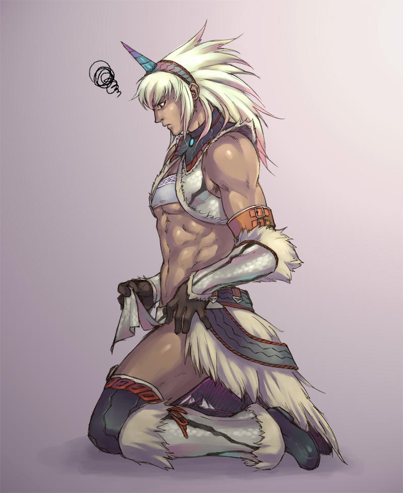 abs, dark_skin, elbow_gloves, genderswap, gloves, hairband, horn, horns