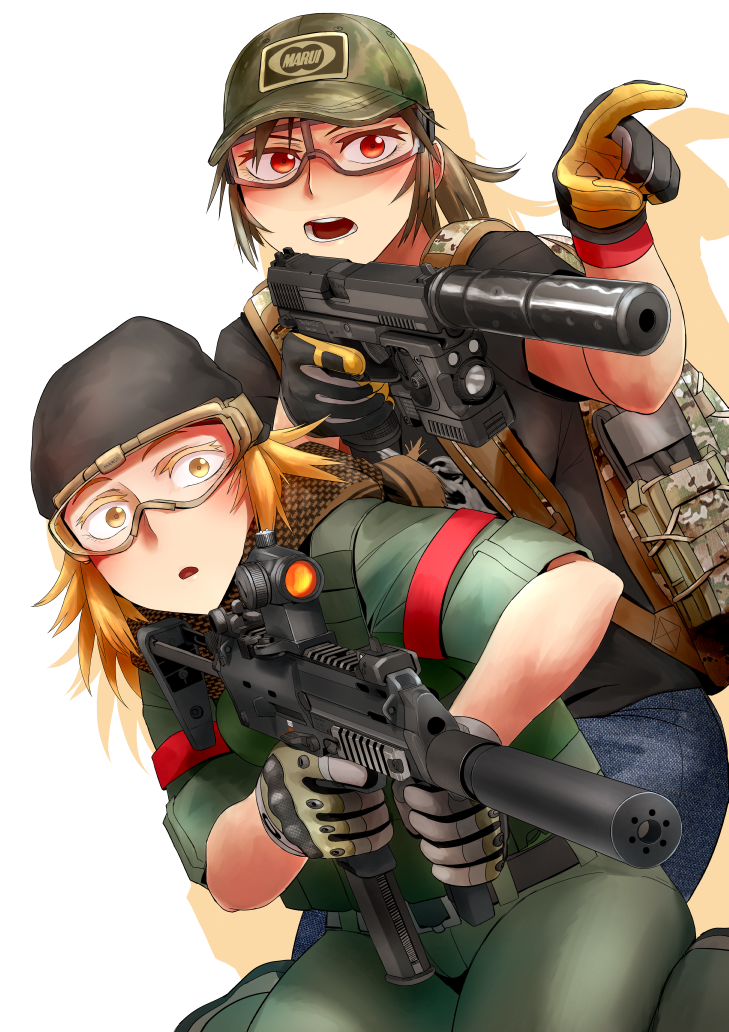 2girls, airsoft, bag, beanie, blonde_hair, brown_hair, bulletproof_vest, didloaded