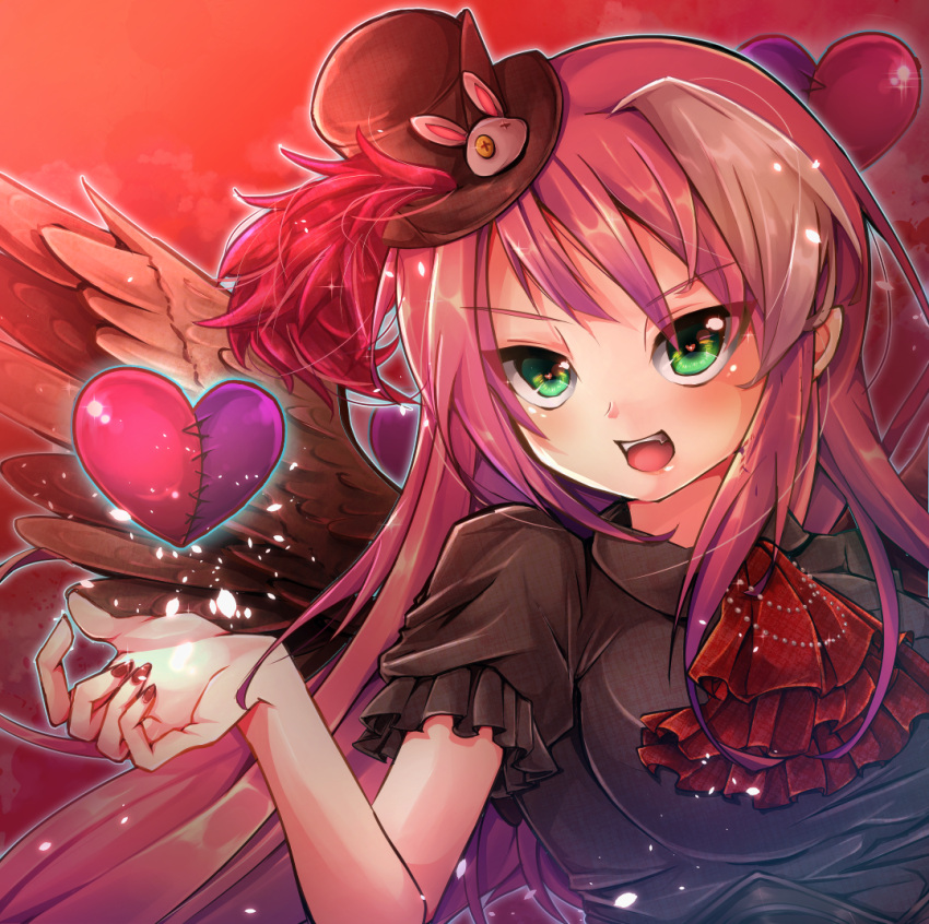 1girl, breasts, duel_monster, ghostrick_spoiled_angel, green_eyes, hat, heart, long_hair