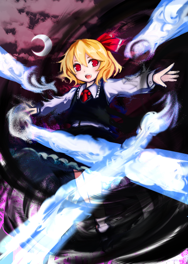 1girl, :d, blonde_hair, blouse, clouds, cloudy_sky, crescent_moon, darkness