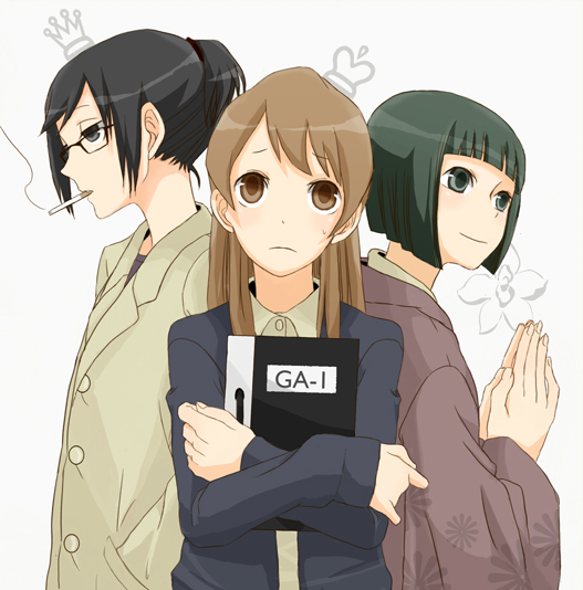 bad_id, black_hair, brown_hair, cigarette, ga_geijutsuka_art_design_class, glasses, hands_in_pockets, japanese_clothes