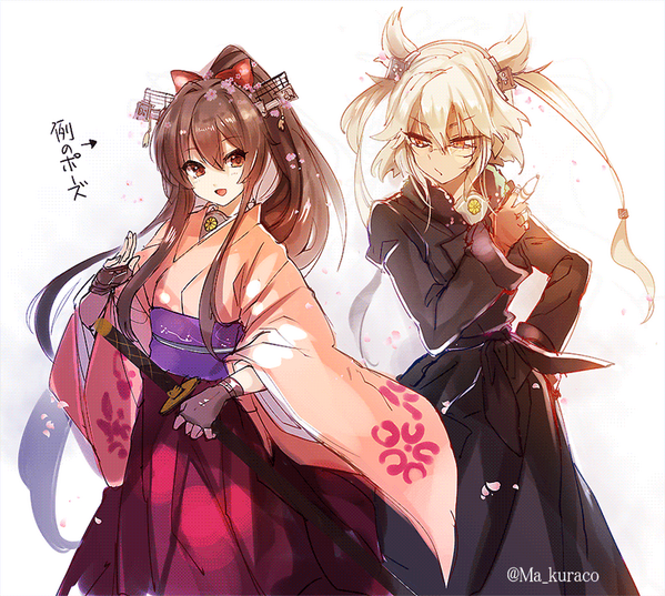 2girls, blade, brown_hair, cherry_blossoms, cis_(carcharias), cosplay, fingerless_gloves, glasses, gloves, japanese_clothes, kantai_collection, katana, kimono, kimono_skirt, long_hair, maria_tachibana, maria_tachibana_(cosplay), multiple_girls, musashi_(kantai_collection), ponytail, red_eyes, sakura_taisen, sheath, sheathed, shinguuji_sakura, shinguuji_sakura_(cosplay), sword, thumbnail, very_long_hair, weapon, yamato_(kantai_collection)
