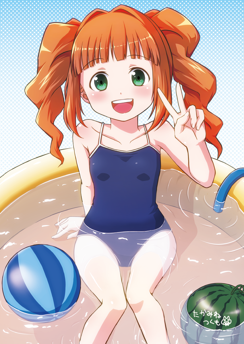 1girl, brown_hair, competition_school_swimsuit, green_eyes, highres, idolmaster, one-piece_swimsuit, school_swimsuit
