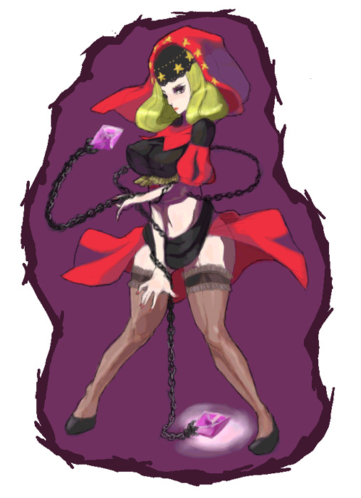 blonde_hair, chains, crystal, erect_nipples, hood, kon_(pixiv31474), long_hair, odin_sphere