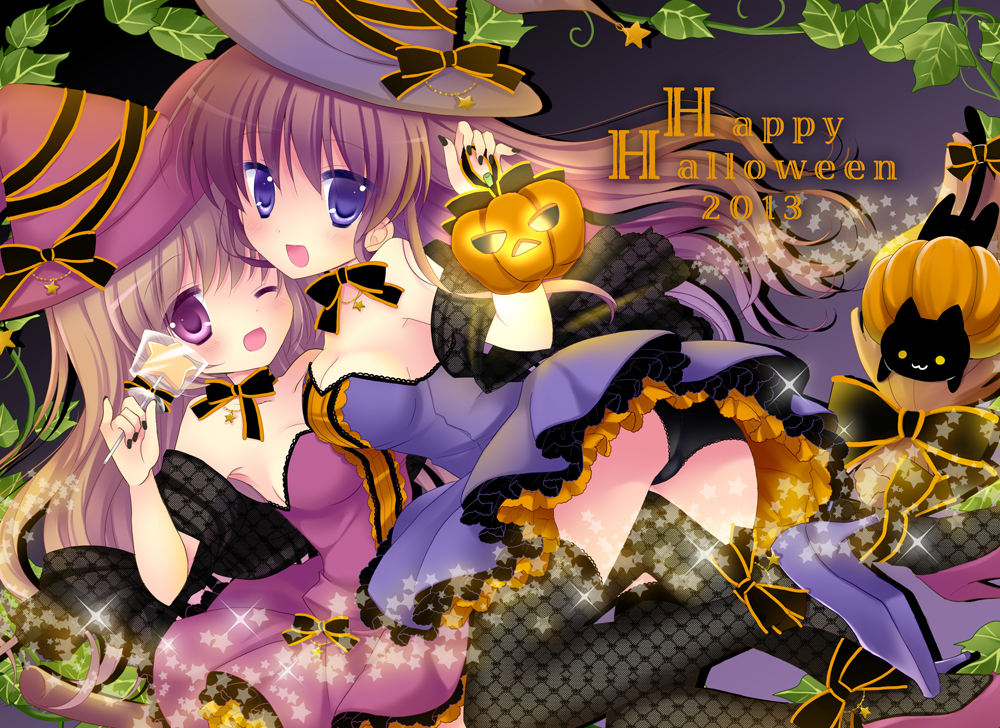 2013, 2girls, :d, ass, bare_shoulders, black_panties, bow, breasts, broom, brown_eyes, brown_hair, candy, cat, cleavage, dress, female, fishnet_legwear, fishnets, frilled_dress, frills, halloween, happy_halloween, hat, hat_ribbon, high_heels, holding, jack-o'-lantern, lantern, lollipop, long_hair, looking_at_viewer, mana_(10221125), multiple_girls, neck_ribbon, one_eye_closed, open_mouth, original, panties, pantyshot, petticoat, pumpkin, purple_dress, ribbon, shawl, smile, sparkle, star, strapless_dress, tagme, thigh-highs, underwear, unmoving_pattern, vines, violet_eyes, witch, witch_hat