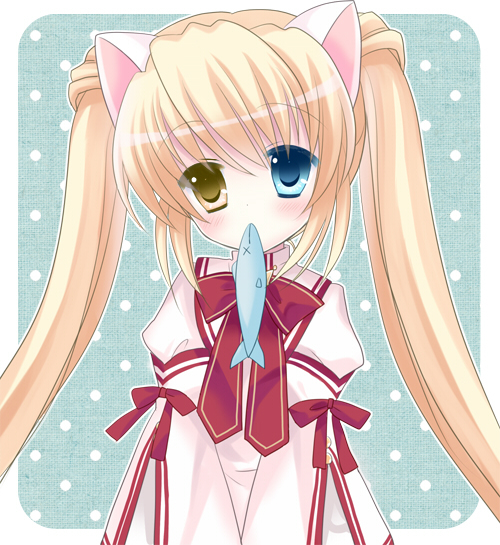 1girl, animal_ears, blonde_hair, cat_ears, fish, head_tilt, heterochromia, kemonomimi_mode