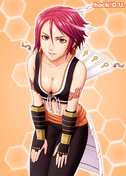 .hack//, .hack//g.u., .hack//roots, alkaid, bracers, brown_eyes, cleavage, k-yoshi, redhead, short_hair, smile, white_hair, yowkow
