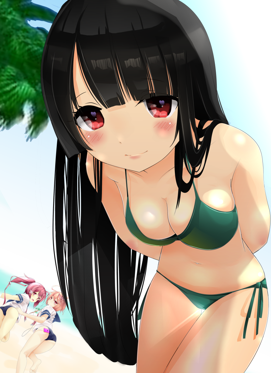 3girls, bikini, black_hair, breasts, cleavage, fusou_(kantai_collection), highres, i-168_(kantai_collection)