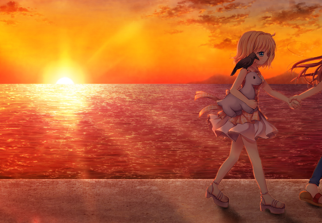 2girls, air, bird, blonde_hair, blue_eyes, brown_hair, carrying, casual
