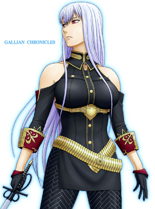detached_sleeves, gloves, k-yoshi, long_hair, military_uniform, pantyhose, print_pantyhose, red_eyes, selvaria_bles, senjou_no_valkyria, silver_hair, sword, uniform