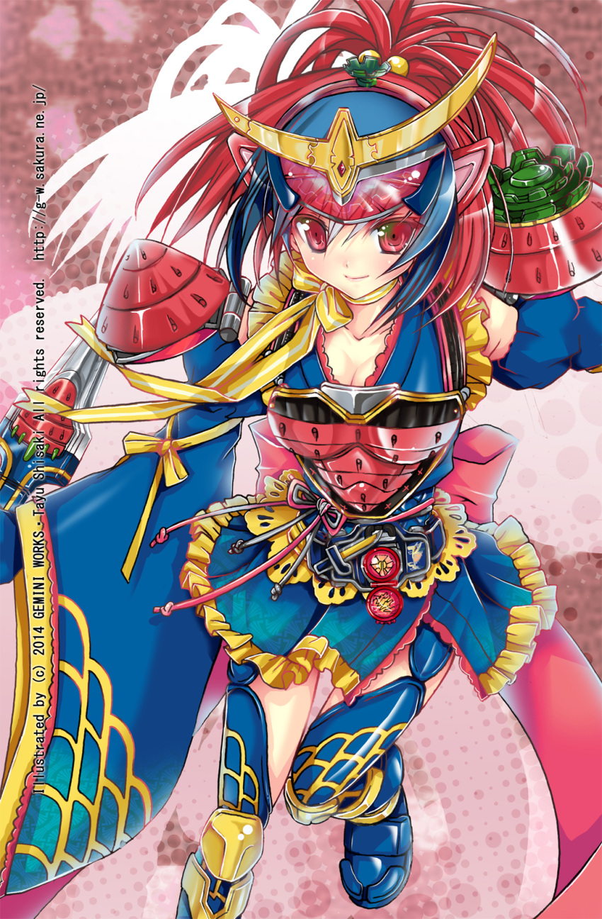 1girl, armor, blue_hair, boots, breasts, cleavage, detached_sleeves, female