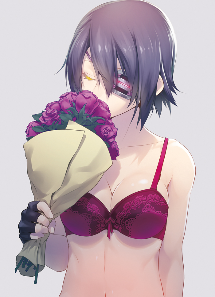 1girl, bangs, bouquet, bow_bra, bra, breasts, cleavage, closed_eyes