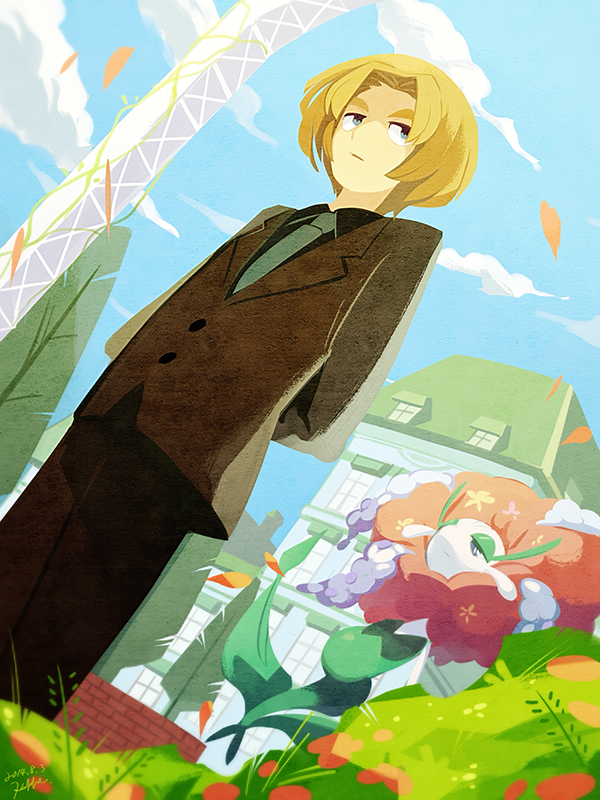 1boy, arms_behind_back, blonde_hair, blue_eyes, clouds, dated, dutch_angle, florges