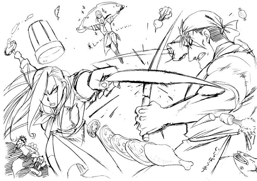 1girl, 4boys, arakawa_hiromu, battle, buccaneer_(fma), food, fullmetal_alchemist, highres
