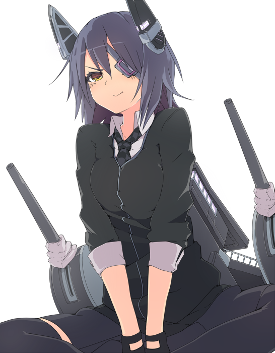 1girl, checkered_necktie, eyepatch, gloves, headgear, hokkana, kantai_collection, machinery