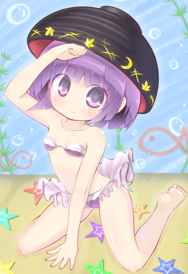 1girl, backdrop, bikini, bowl_hat, frilled_bikini, frills, gplnbeat, purple_hair
