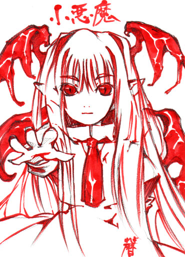 bow, dress, hair_bow, headwings, koakuma, koyomiuta, long_hair, monochrome