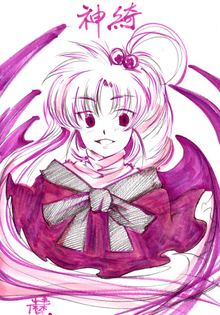 bow, hair_bobbles, hair_bow, koyomiuta, long_hair, monochrome, ribbon, shinki, side_ponytail, smile, solo, touhou, traditional_media, wings