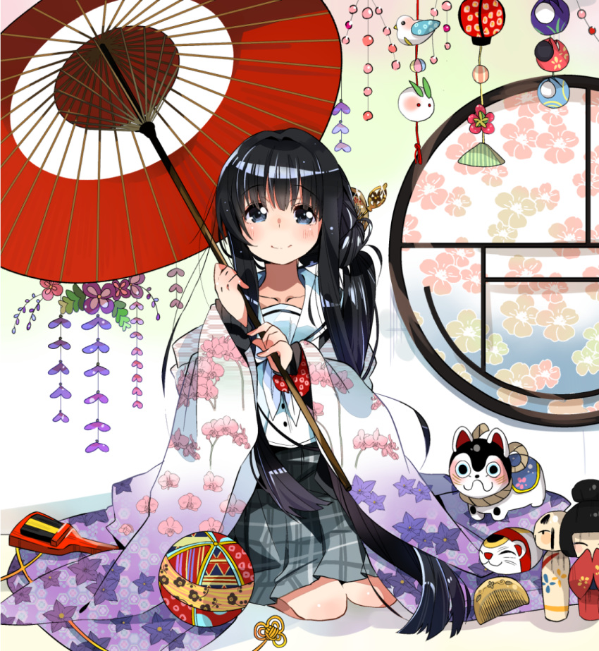 1girl, black_eyes, black_hair, hair_comb, hair_ornament, hanayamata, highres, holding