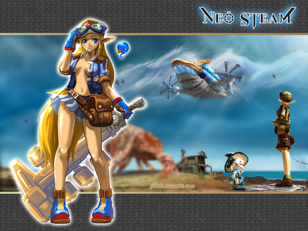 blonde_hair, blue_eyes, breasts, elf, hammer, legs, long_hair, neo_steam