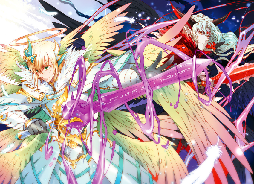 archangel_lucifer, archdemon_lucifer_(p&amp;d), halo, horns, multiple_wings, pinki_(shounenkakuseiya), pointy_ears, puzzle_&amp;_dragons