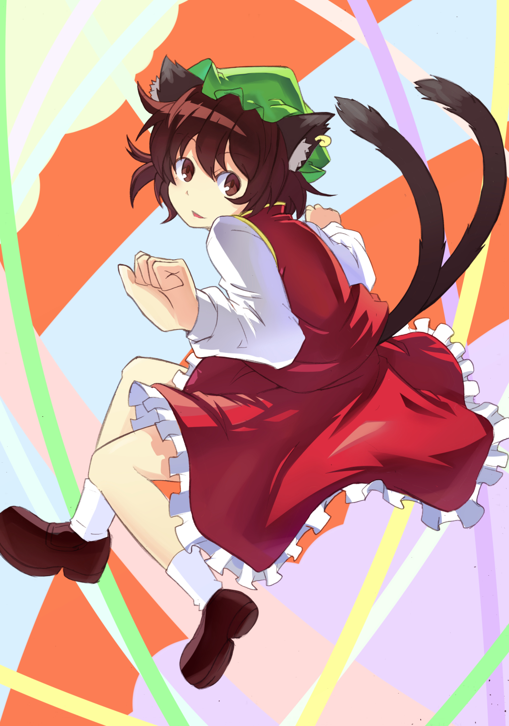 1girl, abstract_background, animal_ears, brown_eyes, brown_hair, cat_ears, cat_tail, chen