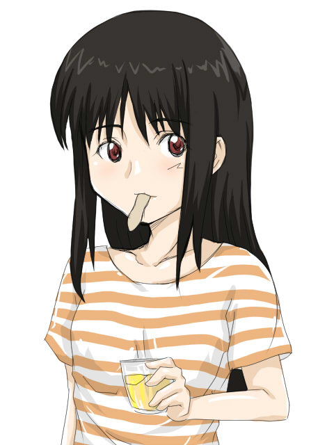 flo, konno_miyuki, long_hair, mouth_hold, pudding, red_eyes, shirt, striped