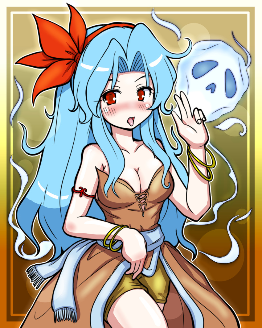 1girl, bare_shoulders, blue_hair, blush, breasts, cleavage, eruru_(erl), hairband