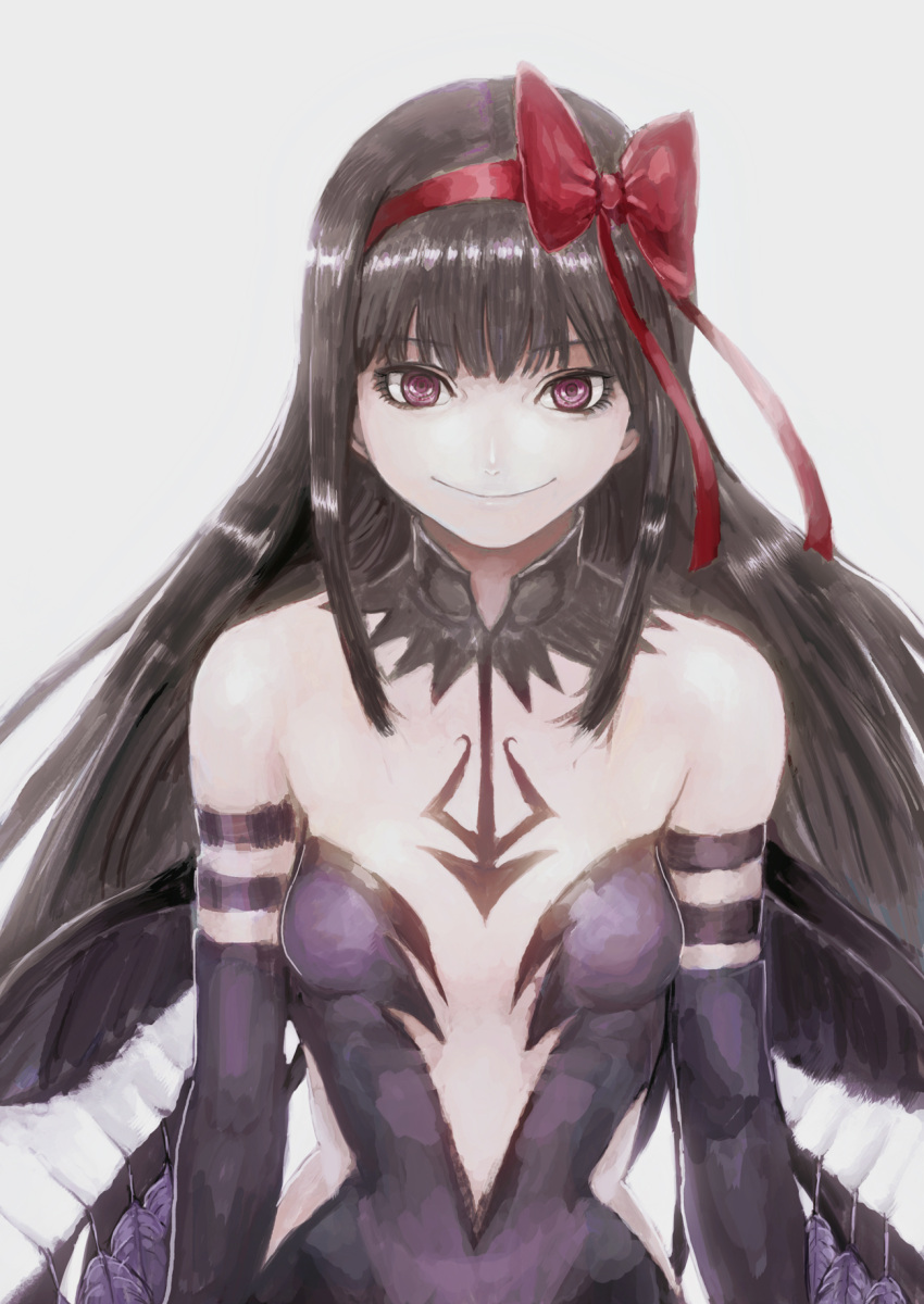 1girl, akemi_homura, akuma_homura, bare_shoulders, black_gloves, black_hair, black_wings, bow