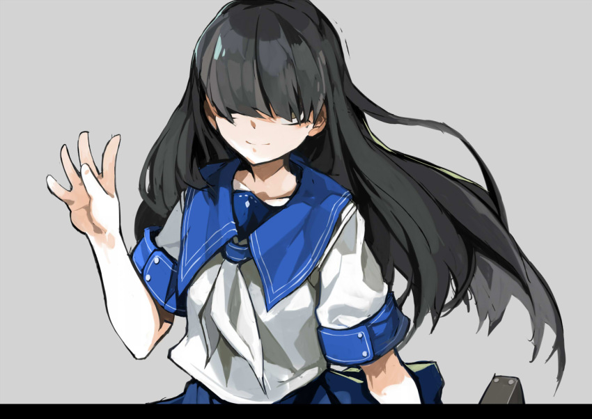 black_hair, denpa_teki_na_kanojo, grey_background, hair_over_eyes, hand_up, lamian_(pixiv415608), long_hair, necktie