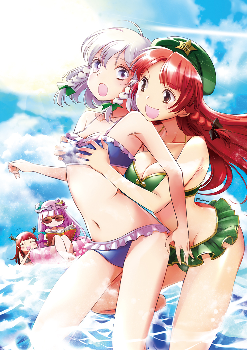 4girls, :d, =_=, alternate_costume, bangs, bikini, black_bikini, blue_bikini, blue_eyes, braid, breast_grab, breasts, chibi, double_bun, frilled_bikini, frills, green_bikini, green_hat, hair_between_eyes, head_wings, hong_meiling, izayoi_sakuya, koakuma, kouhou_no_nin, large_breasts, long_hair, looking_at_another, looking_back, mob_cap, multiple_girls, open_mouth, parted_bangs, partially_submerged, patchouli_knowledge, red_eyes, redhead, short_hair, silver_hair, small_breasts, smile, standing_on_water, sunglasses, surprised, swimsuit, touhou, twin_braids, water