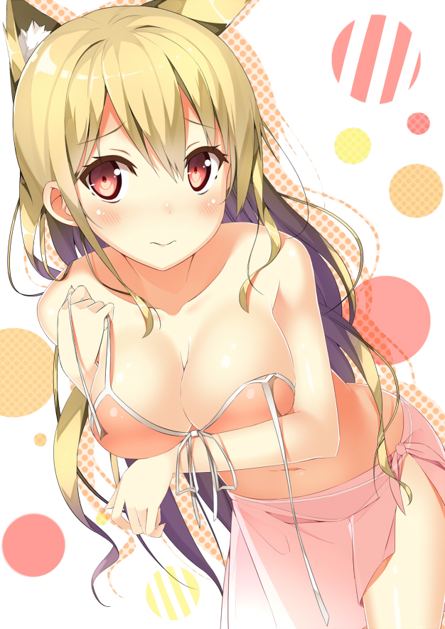 1girl, animal_ears, blonde_hair, breasts, cat_ears, cleavage, kaname_024, long_hair