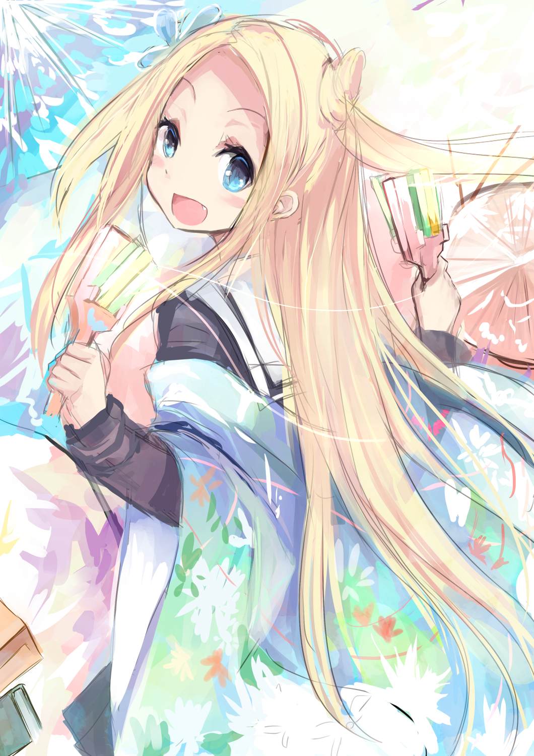 1girl, :d, blonde_hair, blue_eyes, blush, fang, from_behind, haik