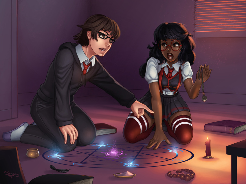 1boy, 1girl, black_hair, brown_eyes, candle, commentary, dark_skin, dr_graevling, glasses, kneeling, long_hair, magic_circle, necktie, open_mouth, original, pointing, school_uniform, thigh-highs