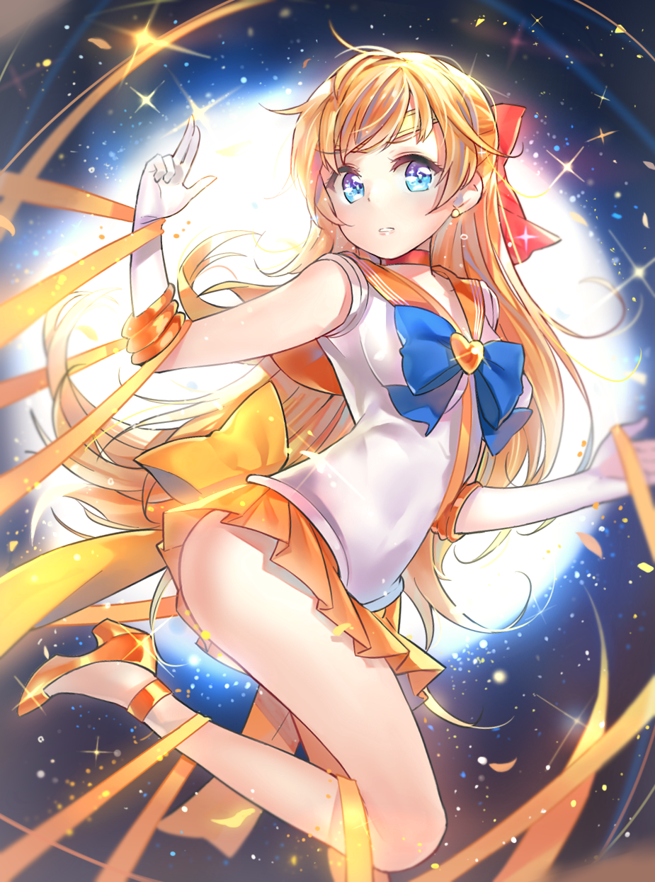 1girl, aino_minako, bishoujo_senshi_sailor_moon, blonde_hair, blue_eyes, bow, choker, cozyquilt, gloves, hair_bow, heart, highres, long_hair, magical_girl, orange_skirt, sailor_venus, skirt, solo, super_sailor_venus, tiara, white_gloves