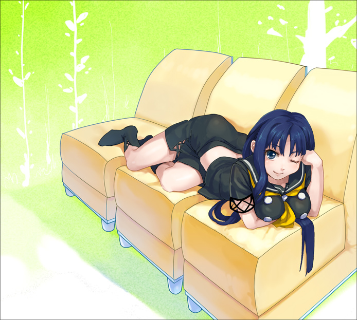 black_hair, breasts, cleavage, couch, hagihara_shiogi, otosume_ruiko, school_uniform, serafuku