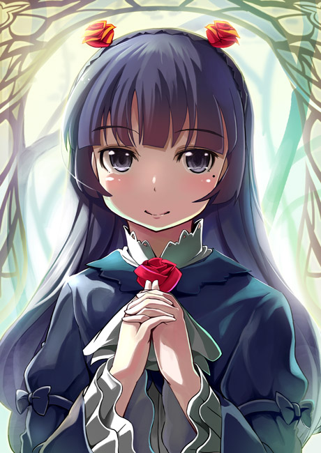 1girl, black_eyes, black_hair, gokou_ruri, gothic_lolita, hands_clasped, kubocha, lolita_fashion