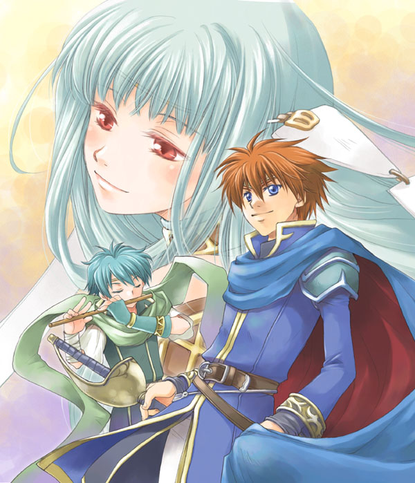 cape, eliwood, fingerless_gloves, fire_emblem, fire_emblem:_rekka_no_ken, fire_emblem_blazing_sword, flute, gloves, hair_ornament, instrument, kizuki_miki, long_hair, miki_kizuki, nils, ninian, red_eyes, silver_hair, smile, sword, weapon