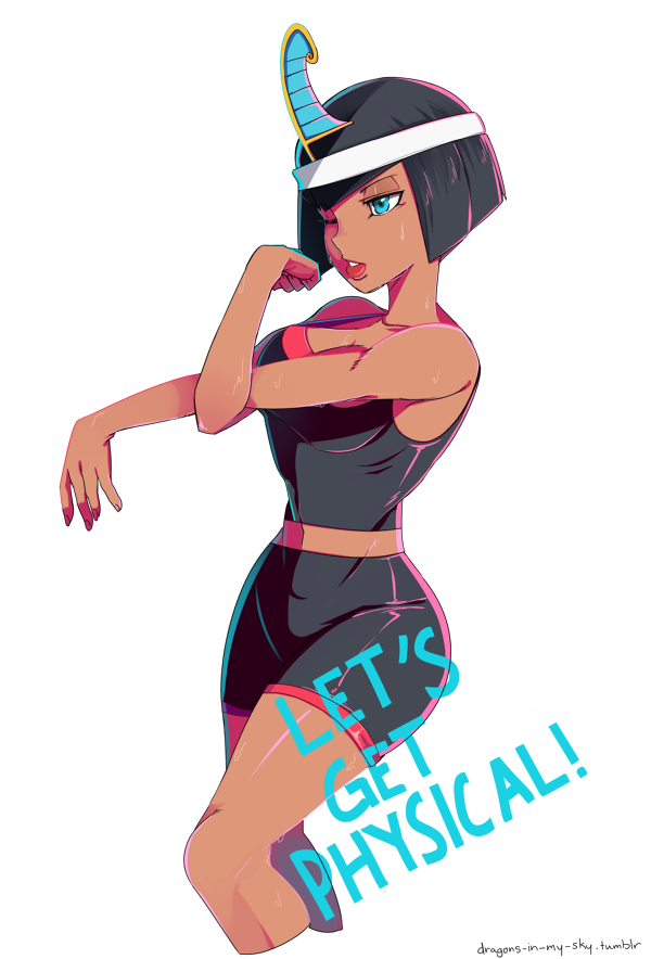 1girl, bike_shorts, black_hair, blue_eyes, breasts, cleavage, cropped_legs, dark_skin