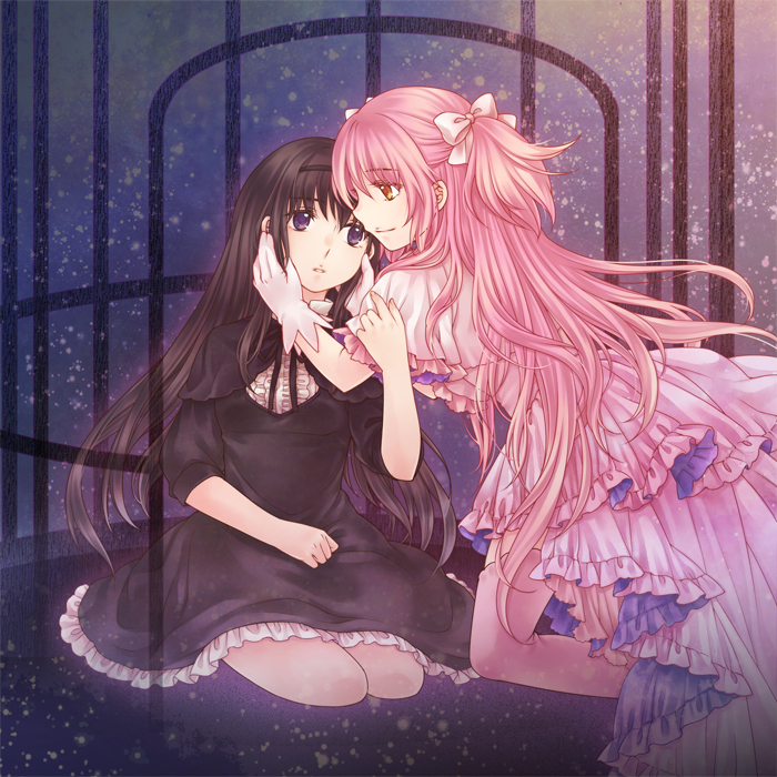 2girls, akemi_homura, black_hair, cage, dress, eye_contact, funeral_dress, fuuka_(fukasheu)