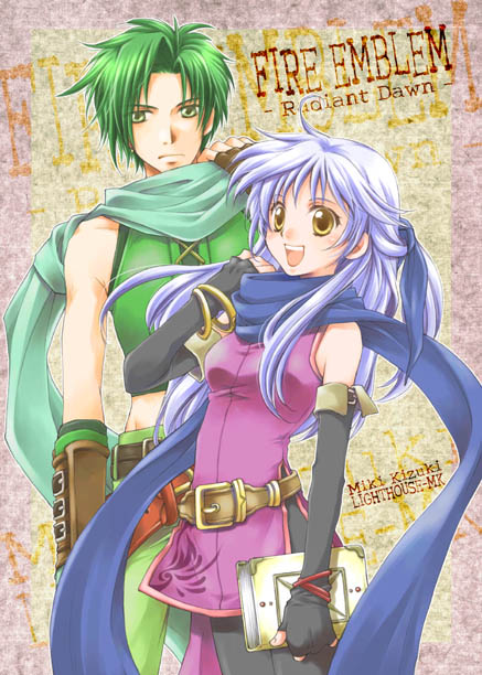 book, elbow_gloves, fingerless_gloves, fire_emblem, fire_emblem:_akatsuki_no_megami, fire_emblem_radiant_dawn, gloves, kizuki_miki, micaiah, miki_kizuki, open_mouth, pantyhose, scarf, silver_hair, smile, sothe, yellow_eyes