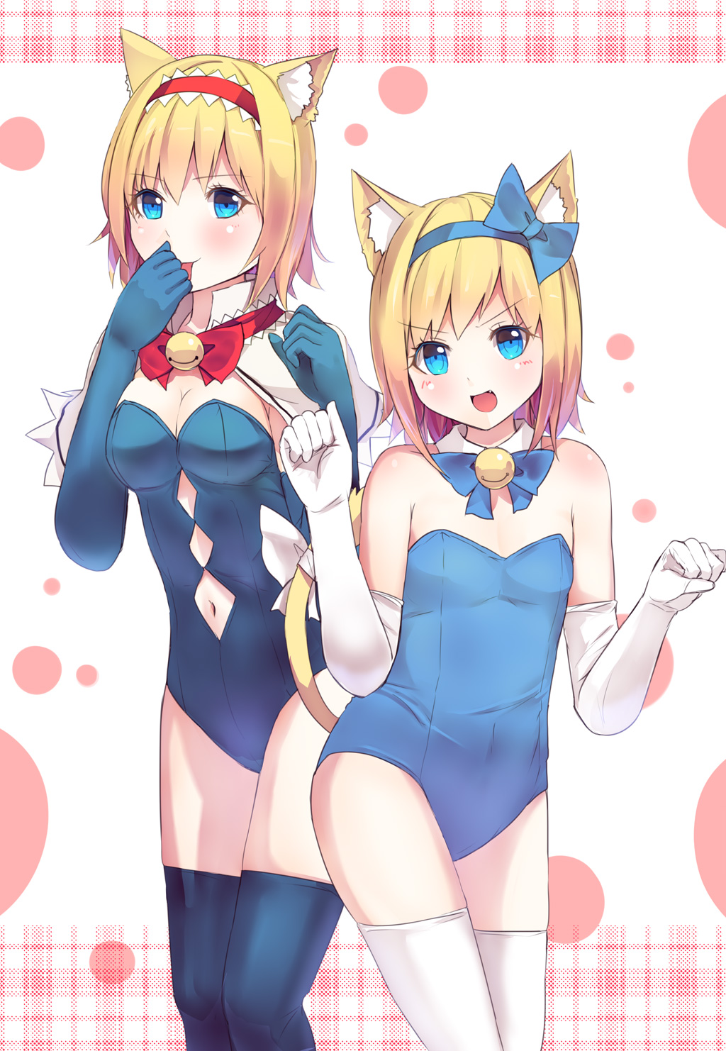 2girls, alice_margatroid, alice_margatroid_(pc-98), alternate_costume, animal_ears, bare_shoulders, bell, blonde_hair, blue_eyes, blue_gloves, blue_legwear, blush, breasts, capelet, cat_ears, cat_tail, cleavage, culter, detached_collar, fang, gloves, hairband, highres, jingle_bell, kemonomimi_mode, kittysuit, looking_at_viewer, multiple_girls, navel_cutout, open_mouth, paw_pose, short_hair, smile, tail, thigh-highs, time_paradox, touhou, touhou_(pc-98), white_gloves, white_legwear