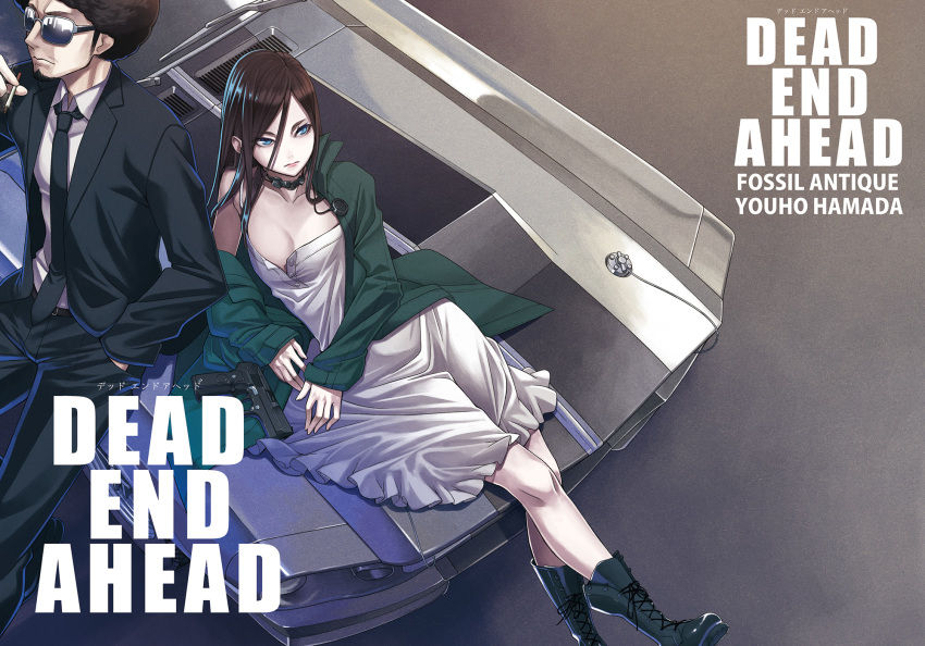 1boy, 1girl, afro, blue_eyes, boots, brown_hair, cigarette, dress, elbow_rest, english, facial_hair, ford, ford_mustang, formal, goatee, green_jacket, gun, hair_between_eyes, hamada_youho, hand_in_pocket, handgun, highres, jacket, muscle_car, necktie, original, sitting_on_car, smoking, suit, sunglasses, weapon, weapon_request, white_dress