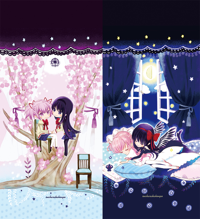 2girls, akemi_homura, akuma_homura, bare_shoulders, black_gloves, black_hair, black_legwear, black_wings, bow, chair, chibi, dress, elbow_gloves, eye_contact, feathered_wings, gloves, goddess_madoka, hair_bow, hair_ribbon, hairband, half_moon, high_heels, holding_hands, kaname_madoka, long_hair, looking_at_another, lying, mahou_shoujo_madoka_magica, mahou_shoujo_madoka_magica_movie, multiple_girls, multiple_views, on_stomach, pantyhose, pillow, pink_hair, ribbon, school_uniform, short_hair, short_twintails, skirt, smile, spoilers, suchara, thigh-highs, tree, twintails, violet_eyes, white_dress, white_gloves, white_legwear, wings, yuri