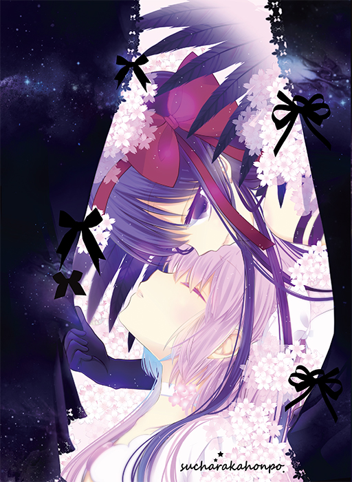 2girls, akemi_homura, akuma_homura, bare_shoulders, black_gloves, black_hair, black_wings, bow